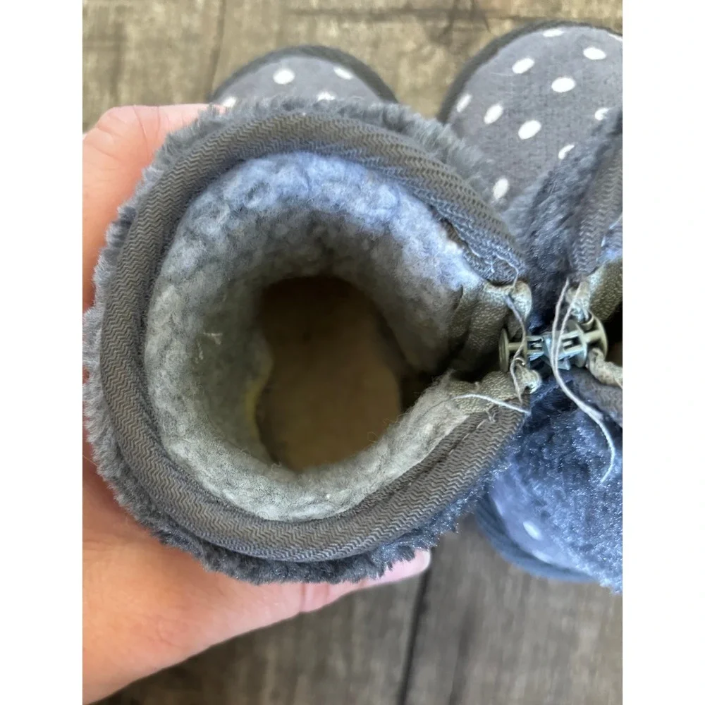 Grey Polka Dot Faux Fur Lined Winter Boots Side Zip Kids Size 2
